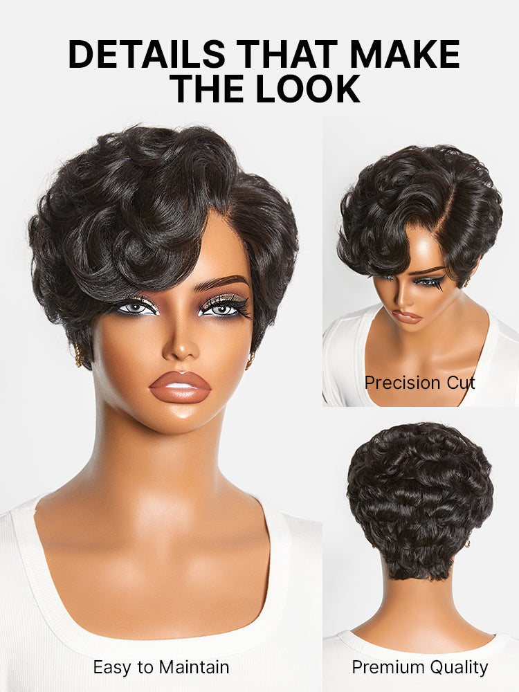 CurlCrown – Beginner-Friendly Natural Black Roll Curl Glueless Pixie Cut Wig with Pre-Cut HD Lace