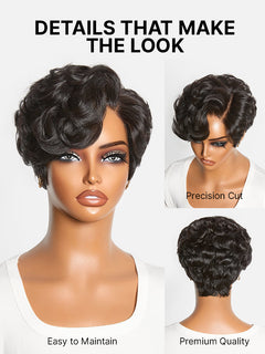 CurlCrown – Beginner-Friendly Natural Black Roll Curl Glueless Pixie Cut Wig with Pre-Cut HD Lace