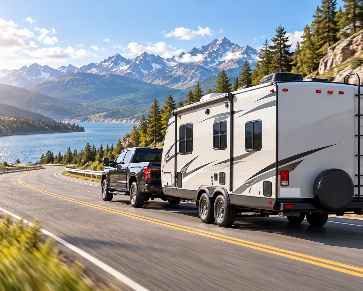 Truck towing RV trailer
