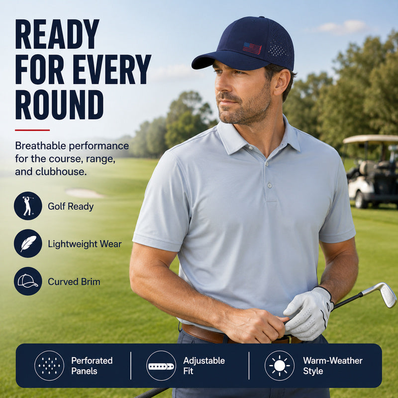 BreezeRound – Quick-Dry Perforated Golf Trucker Cap, Breathable & Adjustable