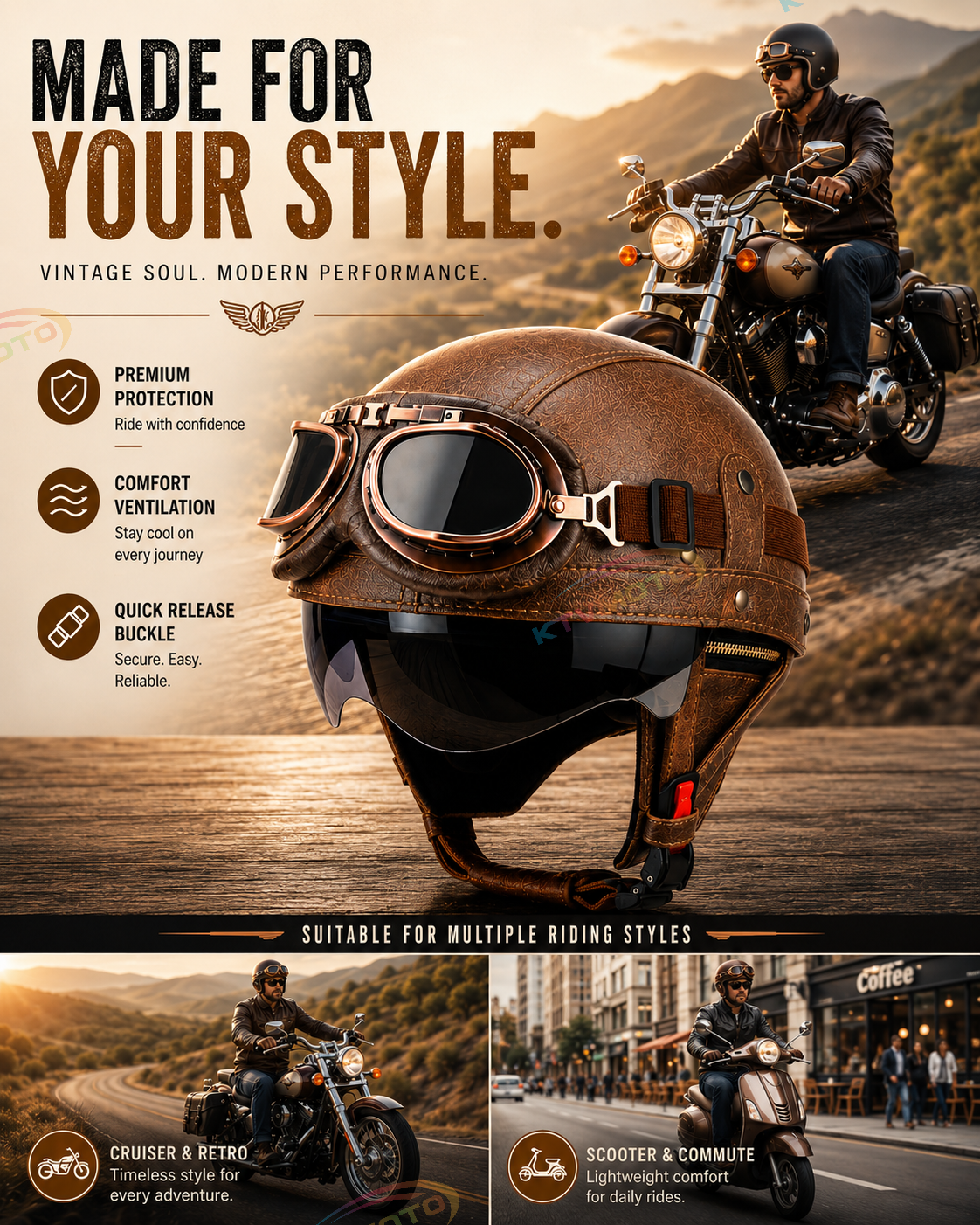 AviatorRide – Vintage PU Leather DOT Motorcycle Half Helmet with Goggles