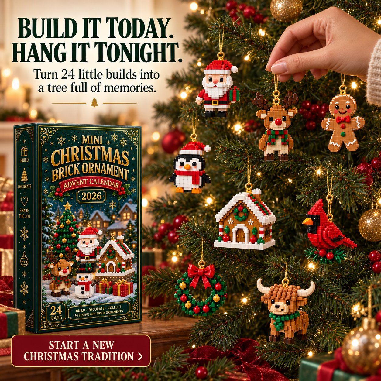BrickNoel – ⏳🎄 24-Day Mini Christmas Brick Ornament Advent Calendar with Hanging Loops 🧱