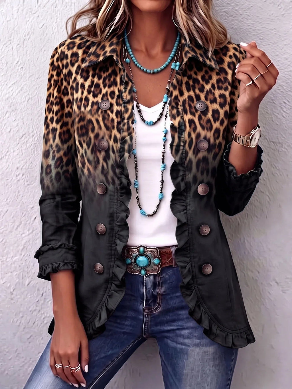BohoBloom – 🤲 ⏰ Leopard Ombre Ruffle Blazer Jacket