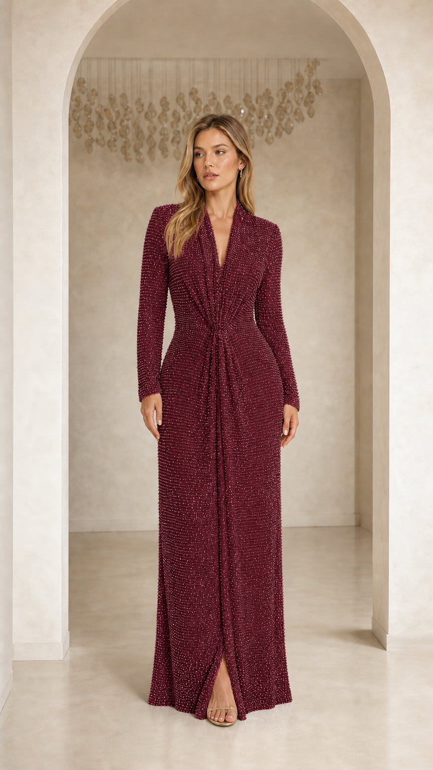 GlimmerDrape – Sequin Long Sleeve V-Neck Maxi Dress