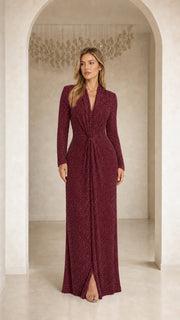GlimmerDrape – Sequin Long Sleeve V-Neck Maxi Dress