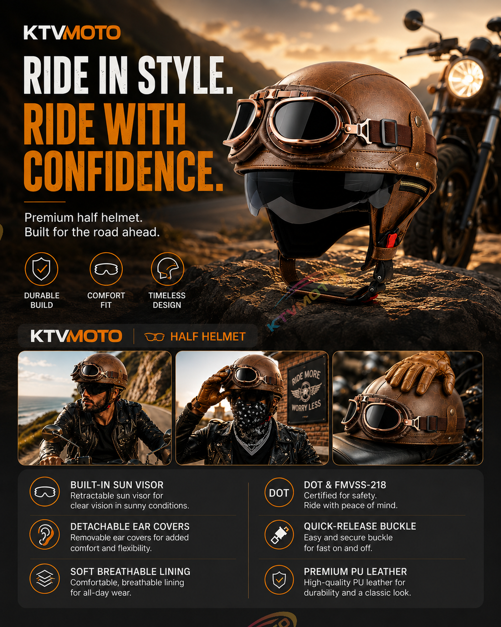 AviatorRide – Vintage PU Leather DOT Motorcycle Half Helmet with Goggles