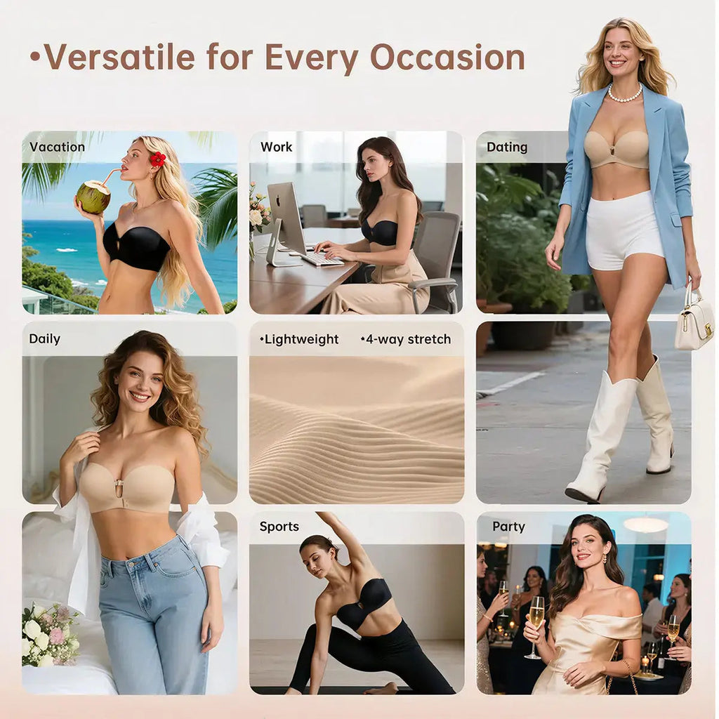 LiftLock – 🎒✨ Strapless Push-Up Bra with Front Closure, Padded Lift & Non-Slip Support 💕