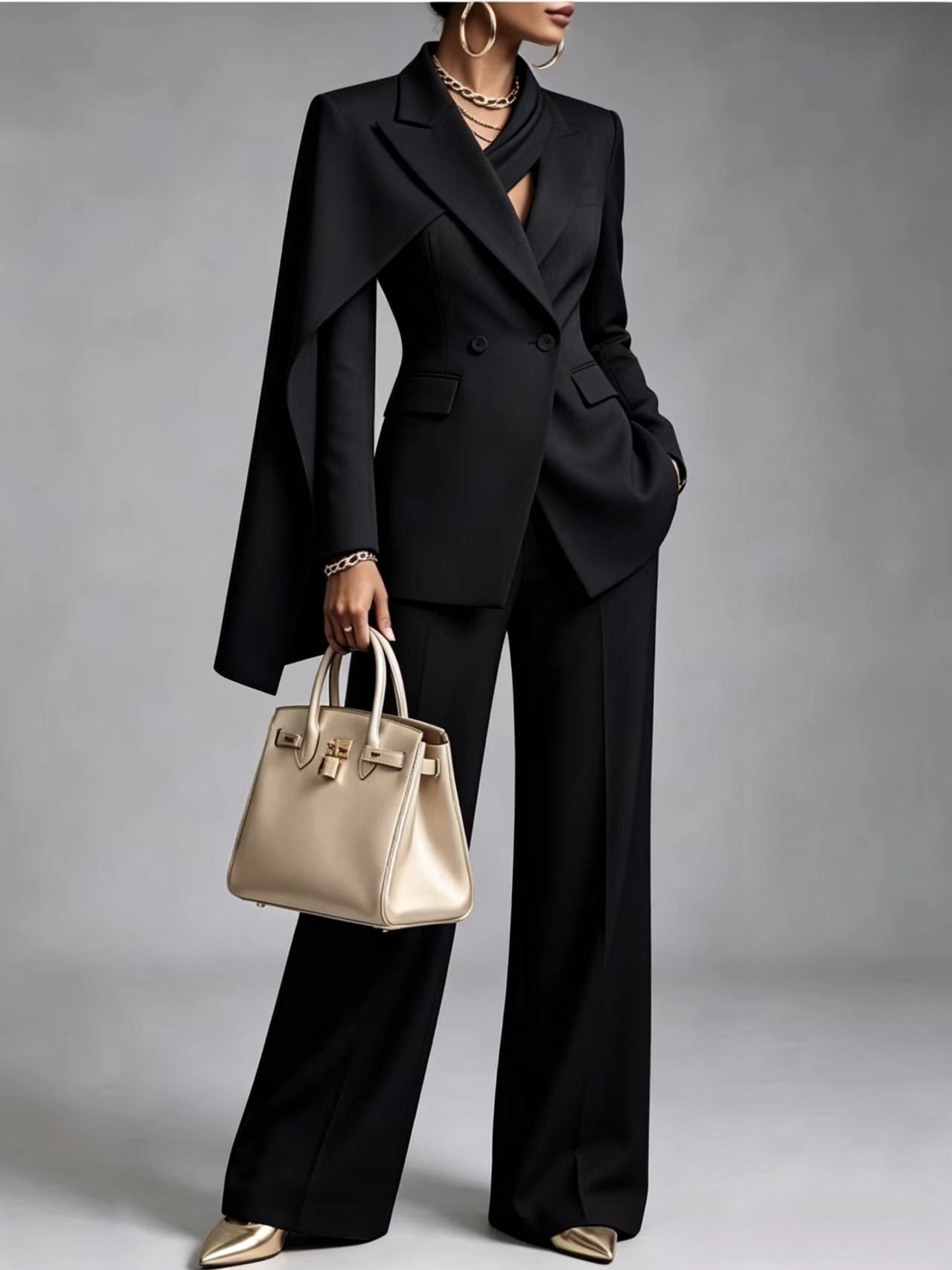 CapeLuxe – 🤲⏰ Women's Chic 2-Piece Suit Set with Asymmetric Cape Blazer & Wide-Leg Pants
