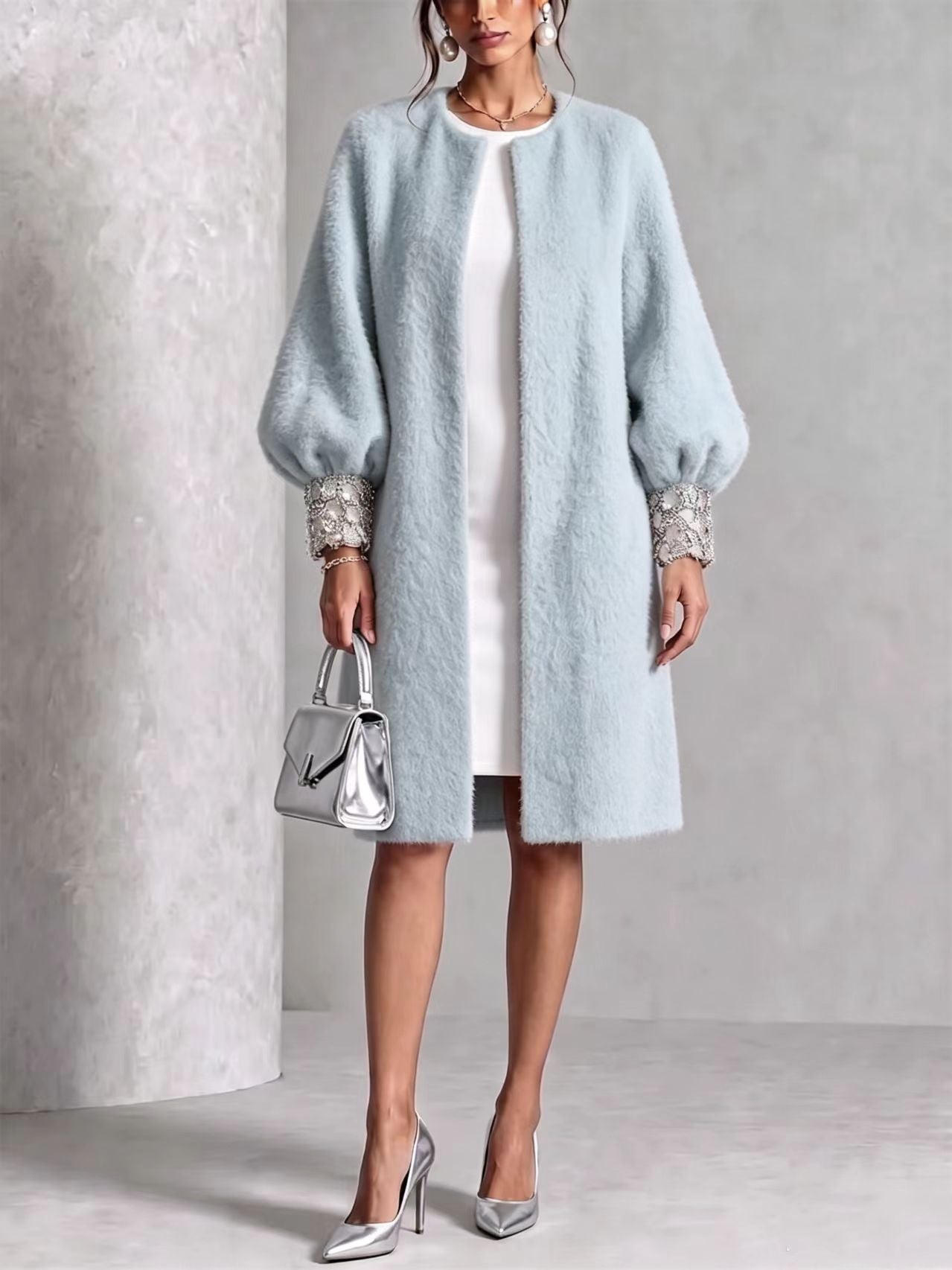 GlimmerCuff – 🤲⏰ Cozy Fuzzy Open-Front Coat with Shiny Cuffs