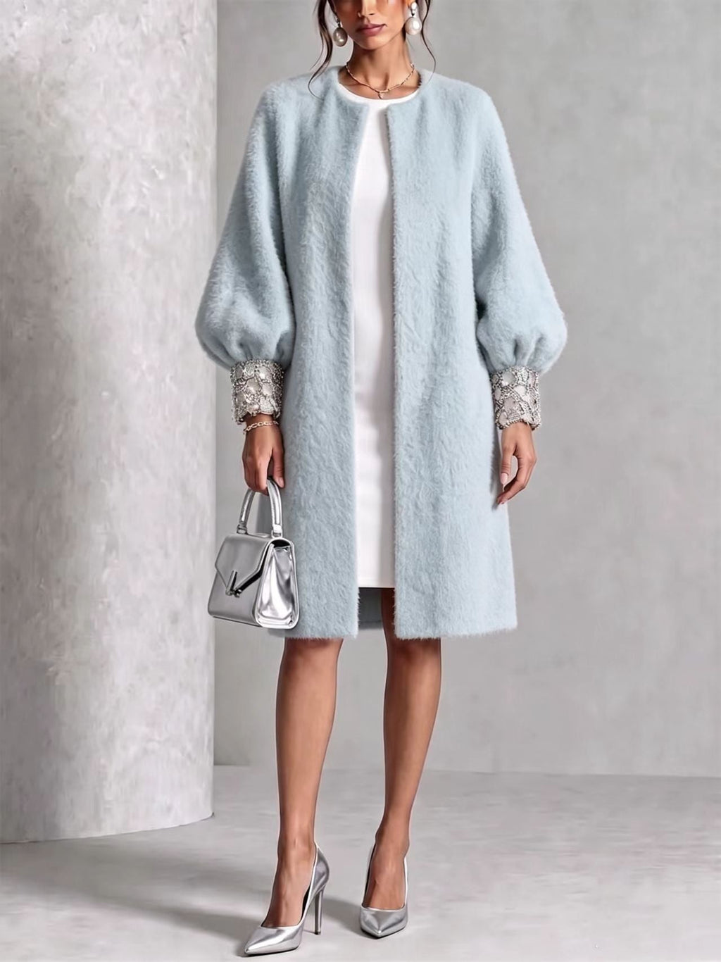 GlimmerCuff – 🤲⏰ Cozy Fuzzy Open-Front Coat with Shiny Cuffs