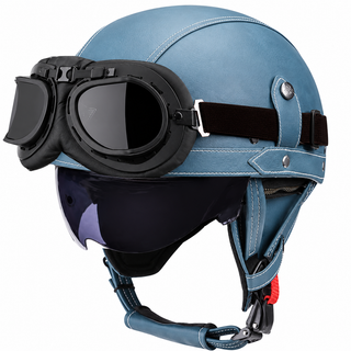 AviatorRide – Vintage PU Leather DOT Motorcycle Half Helmet with Goggles
