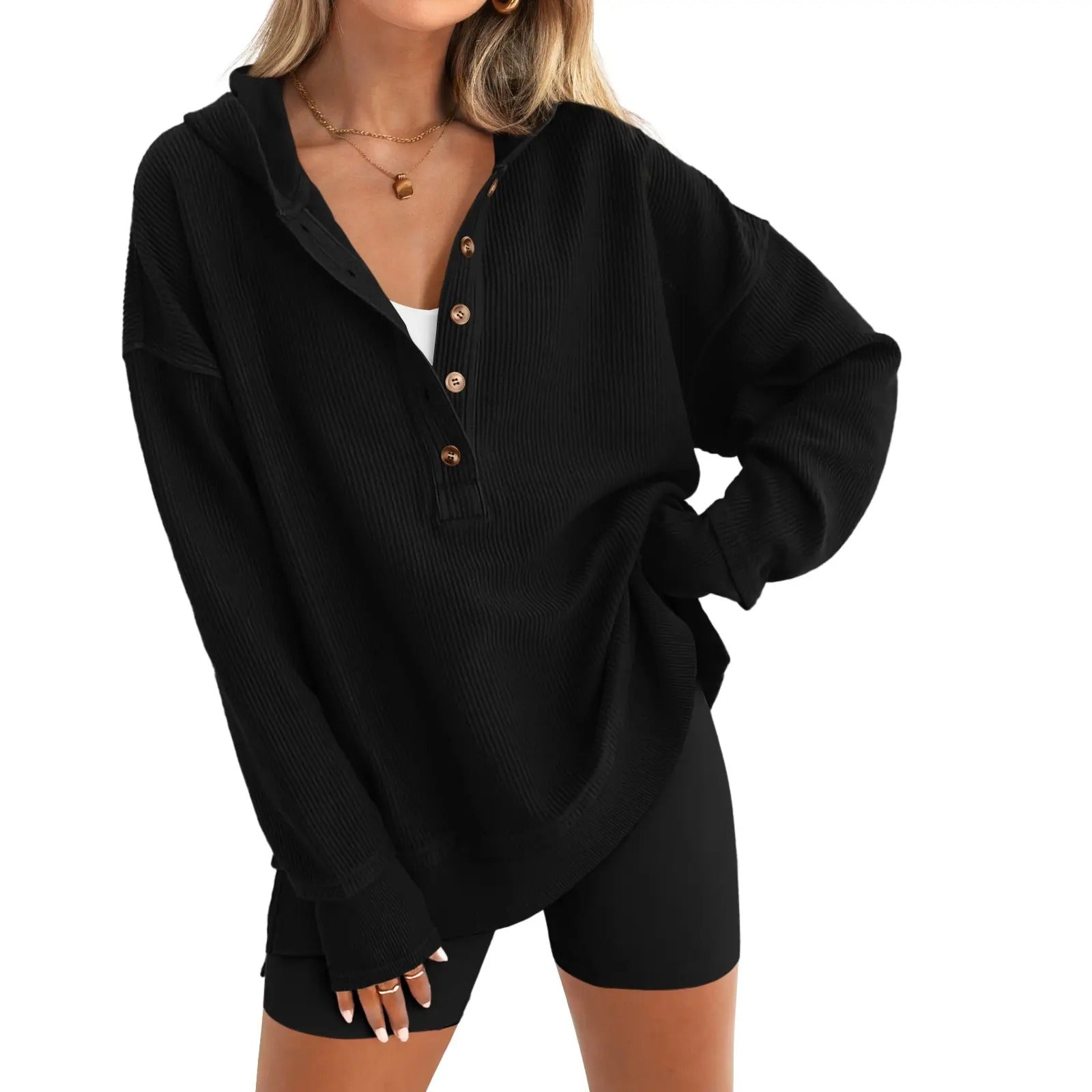 LayerEase – Women’s Oversized Button V-Neck Hoodie with Side Slits