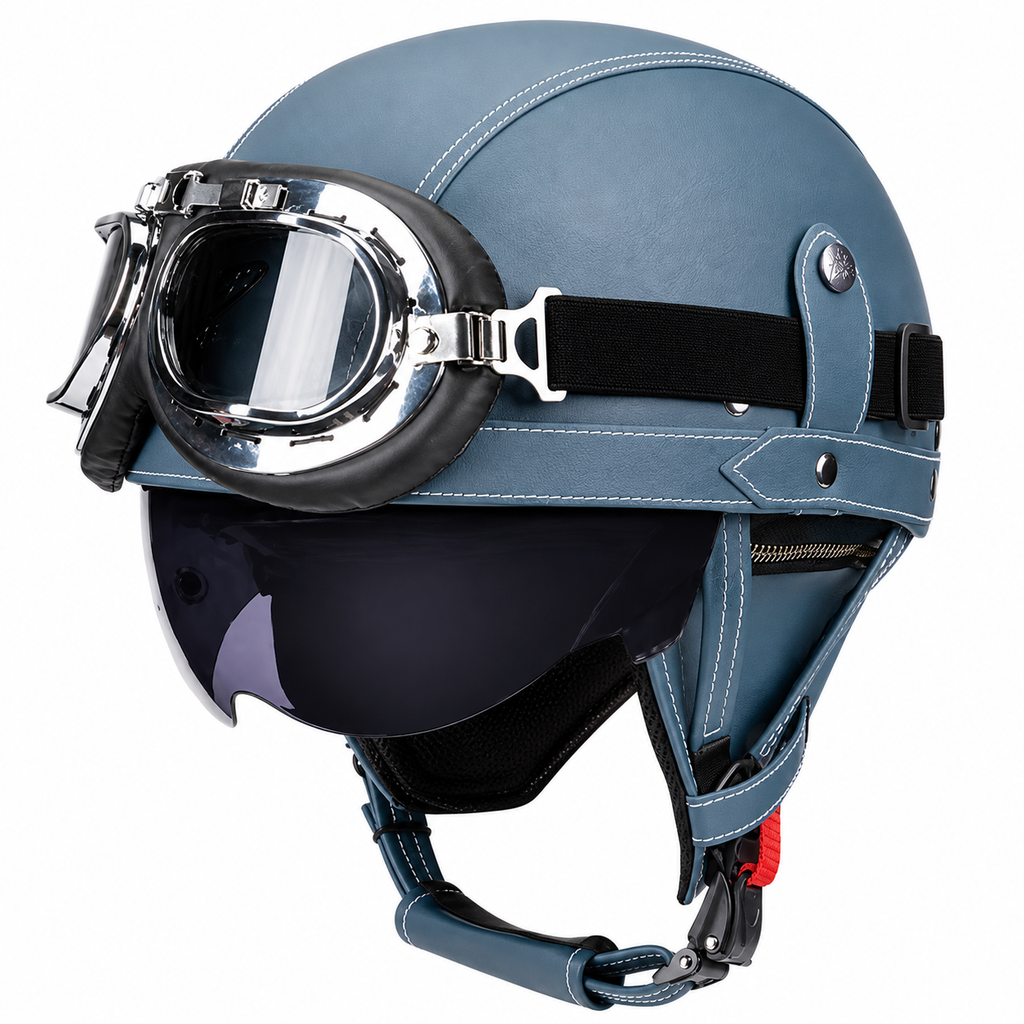 AviatorRide – Vintage PU Leather DOT Motorcycle Half Helmet with Goggles
