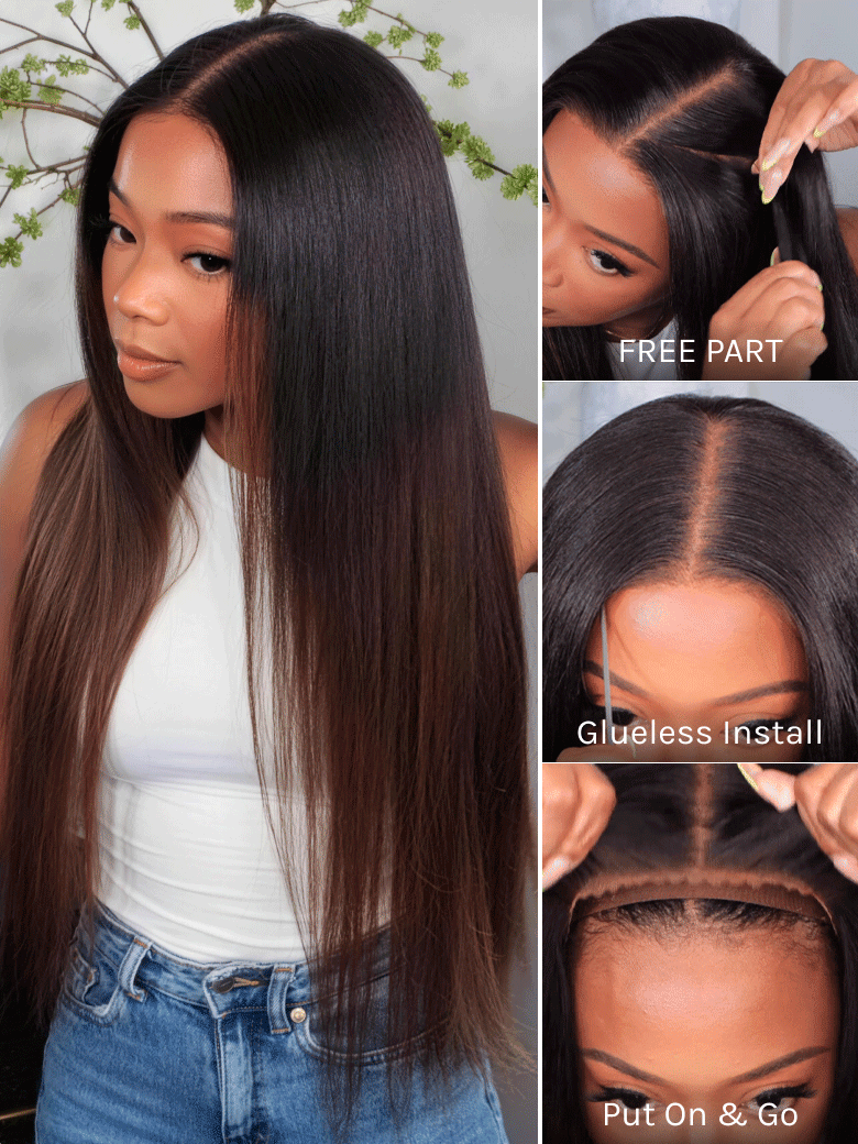 ChestnutGlide – Ombre Chestnut Brown Yaki Straight 7x5 Glueless Human Hair Wig with Drawstring