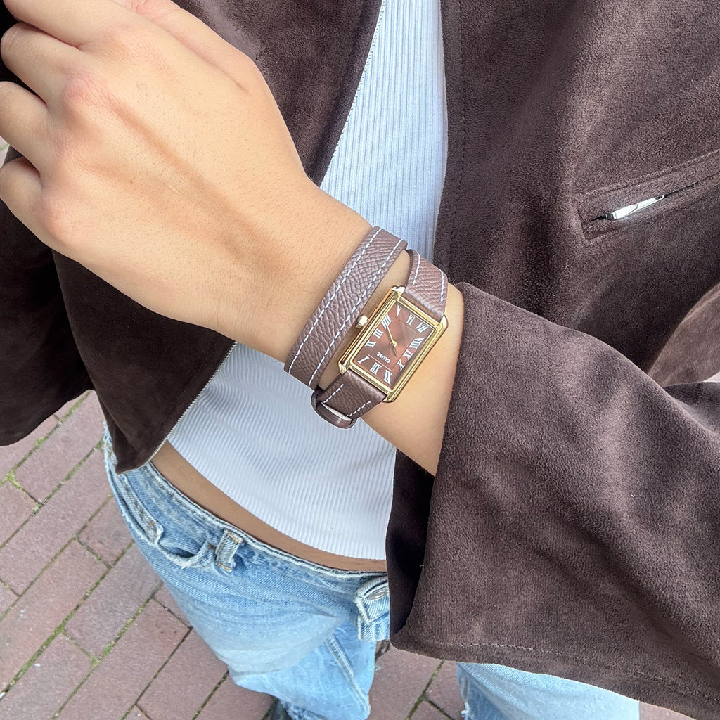 MochaWrap – Belisenna Rectangular Watch with Double Leather Strap, Gold Colour