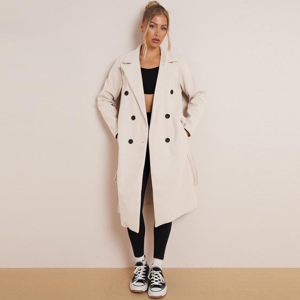 LapelLuxe – Women's Thermal Double-Breasted Notch Lapel Coat with Waist Tie & Pockets