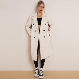 LapelLuxe – Women's Thermal Double-Breasted Notch Lapel Coat with Waist Tie & Pockets