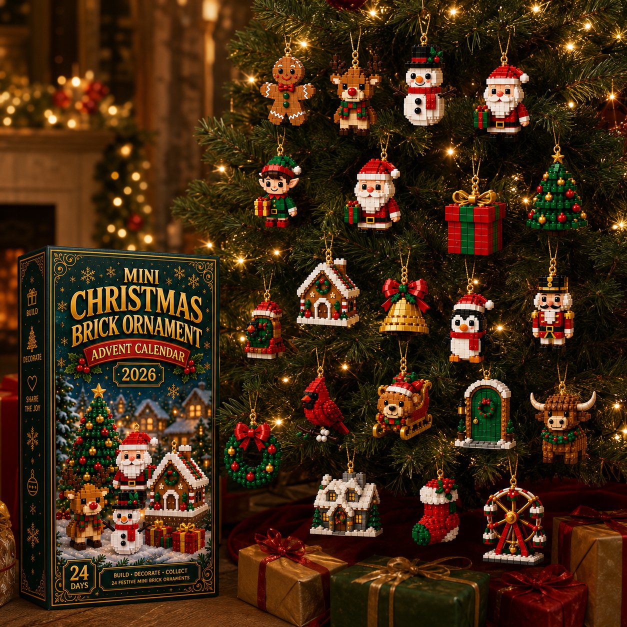 BrickNoel – ⏳🎄 24-Day Mini Christmas Brick Ornament Advent Calendar with Hanging Loops 🧱