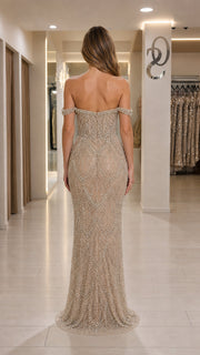 GlimmerGown – Off-the-Shoulder Beaded Mermaid Evening Gown