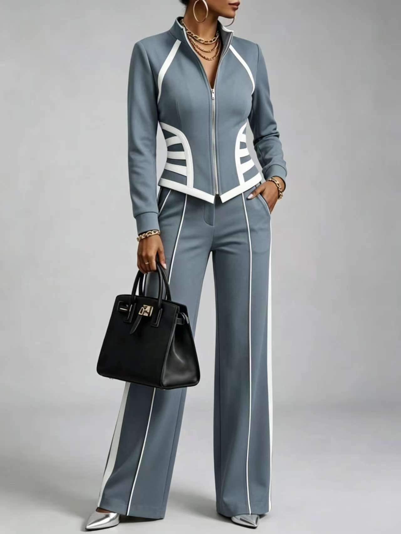 TrimChic – 🤲⏰ Stretch Zip-Up Two-Piece Trouser Set with Free Handbag