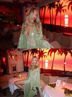 ShimmerDrift – Sequined Fringe-Trim Plunge V-Neck Maxi Kaftan Dress