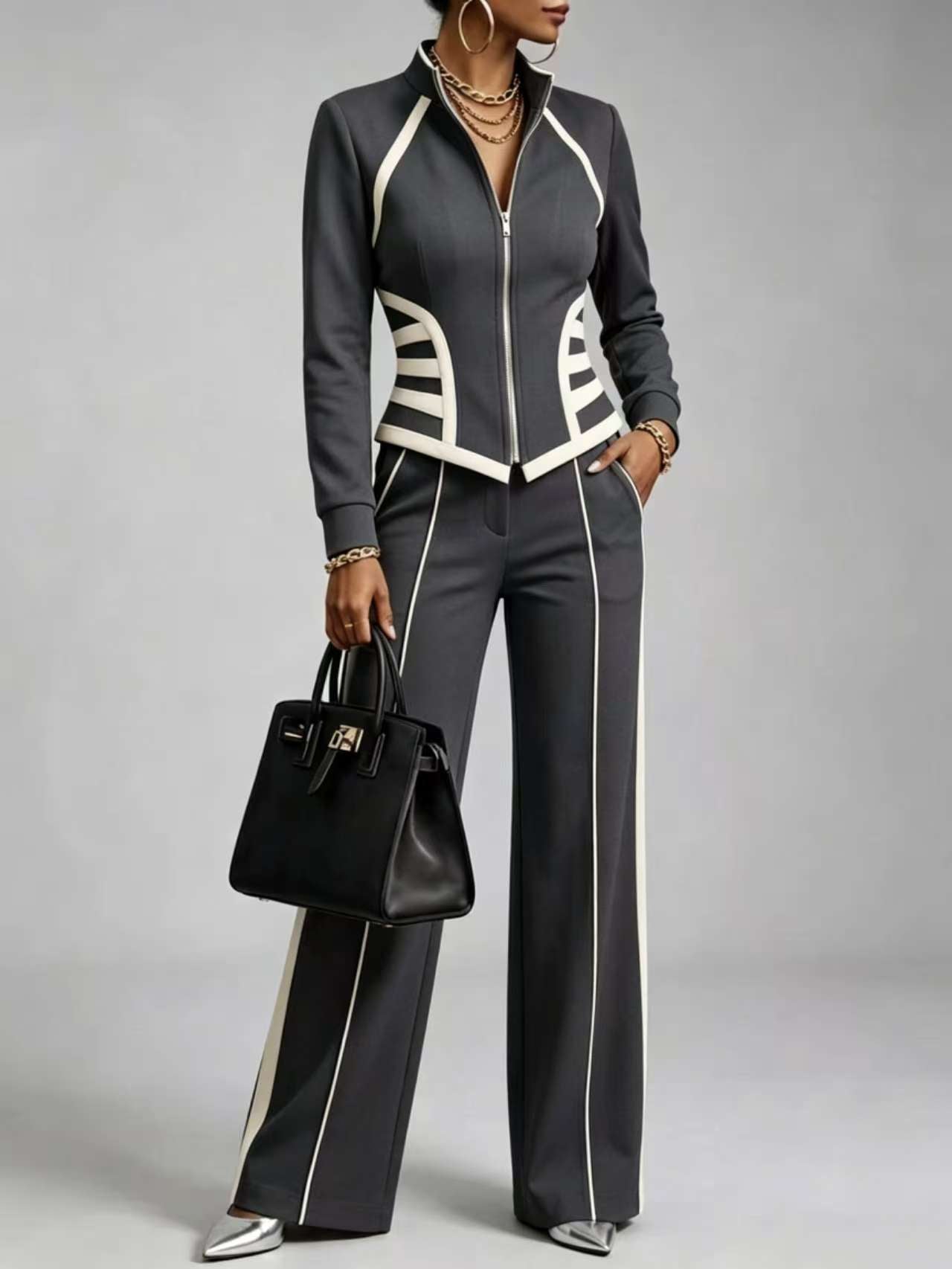 TrimChic – 🤲⏰ Stretch Zip-Up Two-Piece Trouser Set with Free Handbag