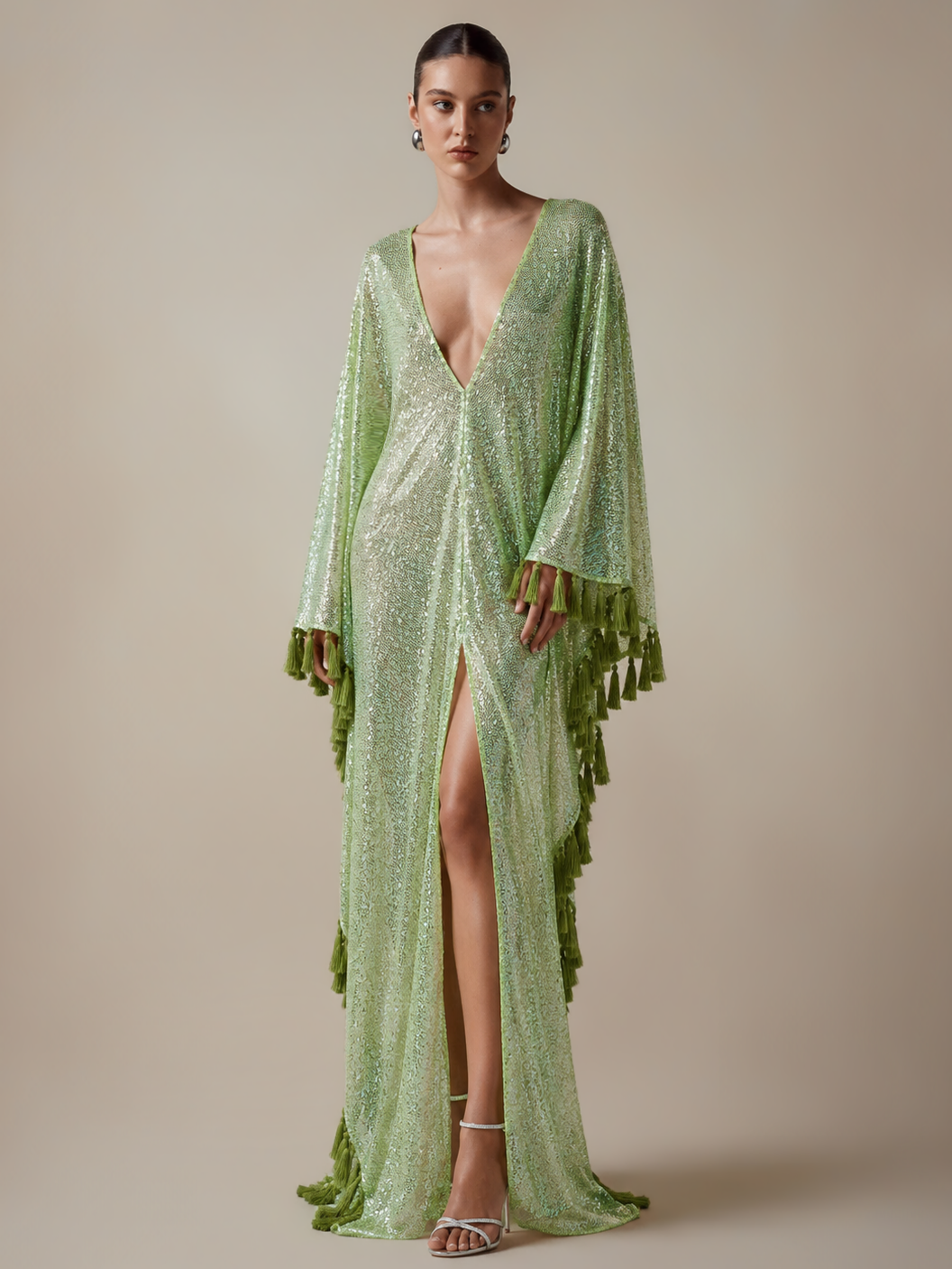 ShimmerDrift – Sequined Fringe-Trim Plunge V-Neck Maxi Kaftan Dress