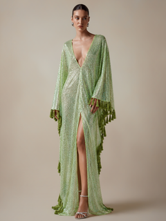 ShimmerDrift – Sequined Fringe-Trim Plunge V-Neck Maxi Kaftan Dress