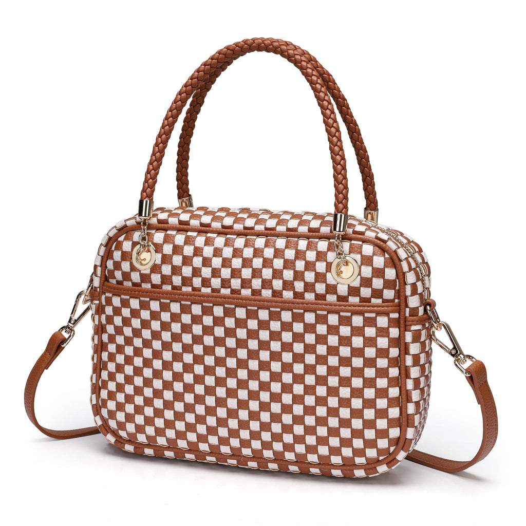CheckWeave – Chic Checkered Woven Top Handle Crossbody Shoulder Bag in Vegan Leather