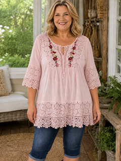 BohoBloom – Plus-Size Cotton-Linen Floral Embroidered Lace Tunic