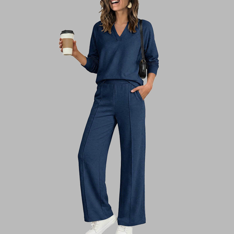 EaseLuxe – 👚Women's Casual V-Neck Top & Wide-Leg Pants Set