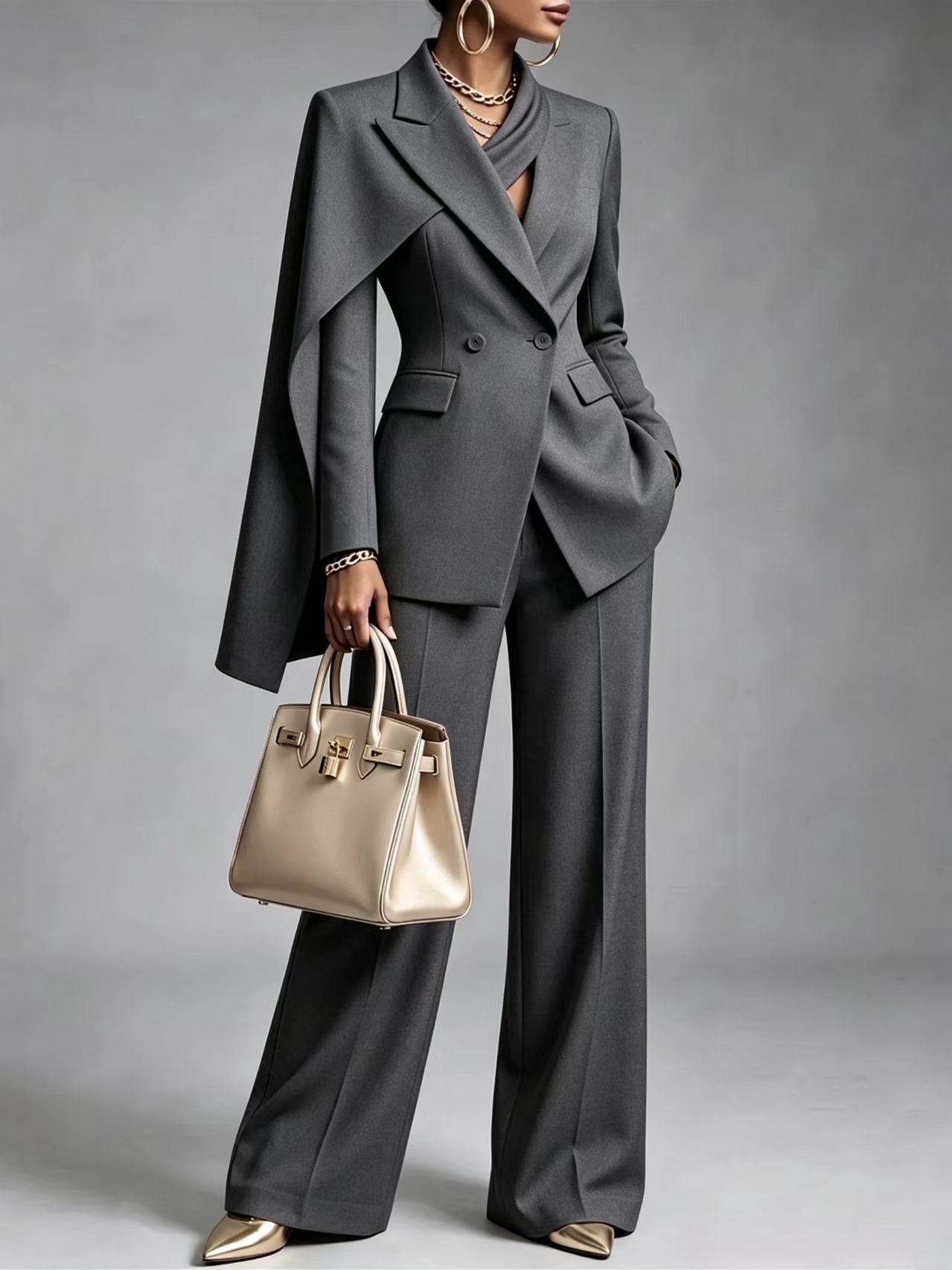 CapeLuxe – 🤲⏰ Women's Chic 2-Piece Suit Set with Asymmetric Cape Blazer & Wide-Leg Pants