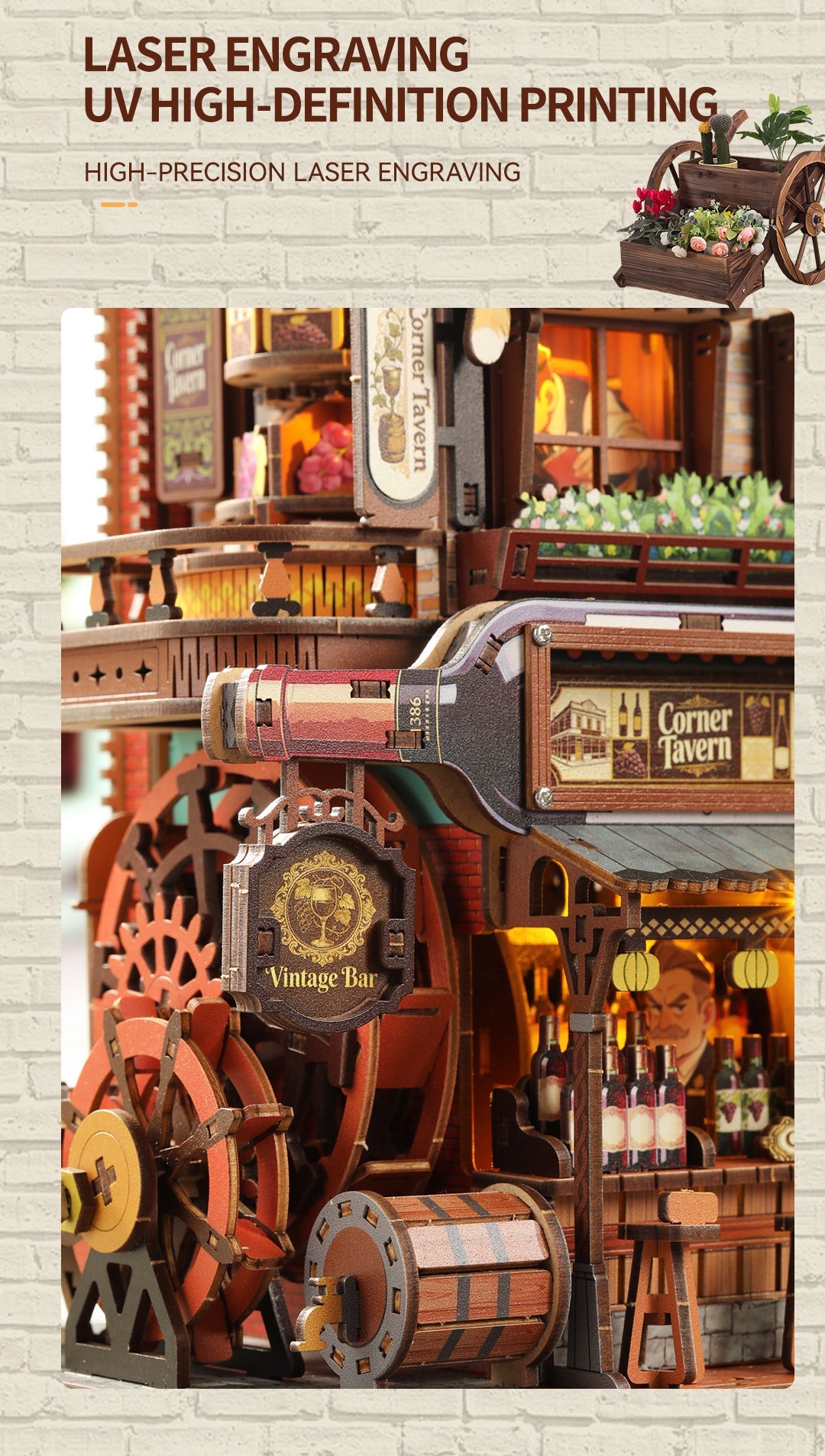 High-definition printed wood details on the Corner Tavern facade