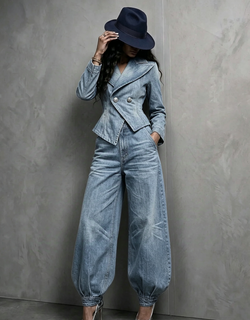 PeplumChic – 🤲🔥 Figure-Flattering Washed Denim 2-Piece Set + FREE Hat