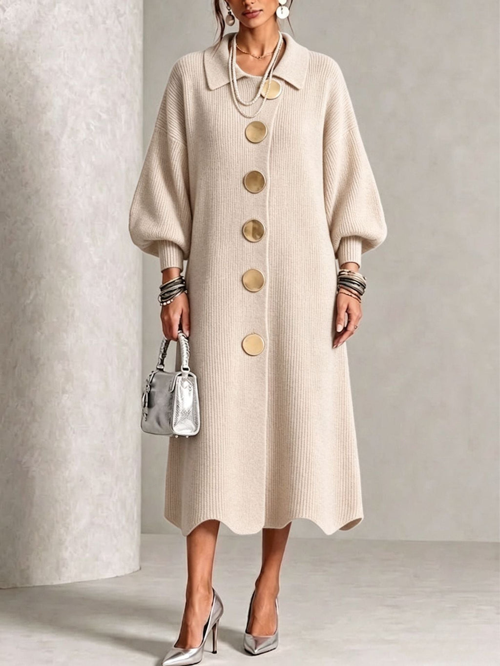LanternLuxe – 🤲⏰ Long-Sleeve Knit Midi Dress with Large Metal Buttons, Lapel Collar & Lantern Sleeves