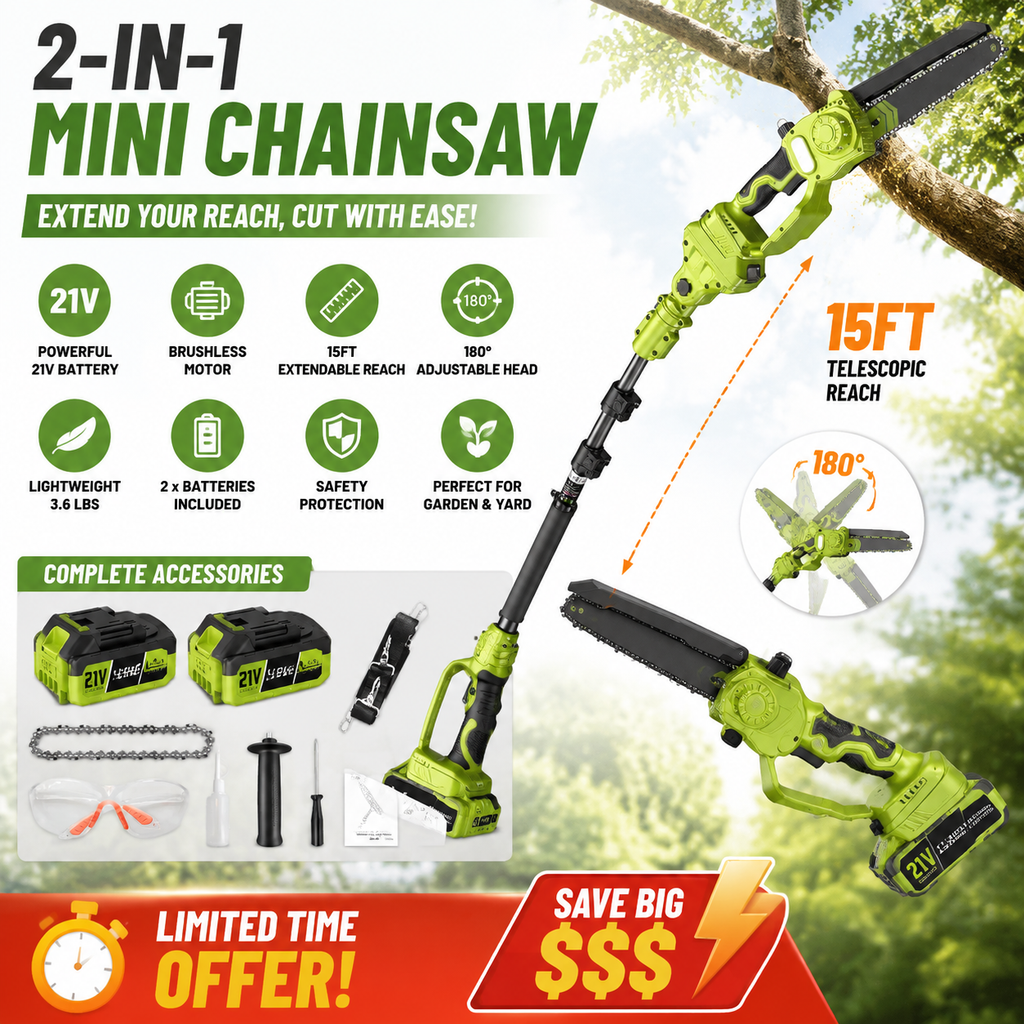 LimbReach – 🔥🌳 2-in-1 Mini Chainsaw: Cordless Electric Pruning Saw with Telescopic Pole & 21V Batteries
