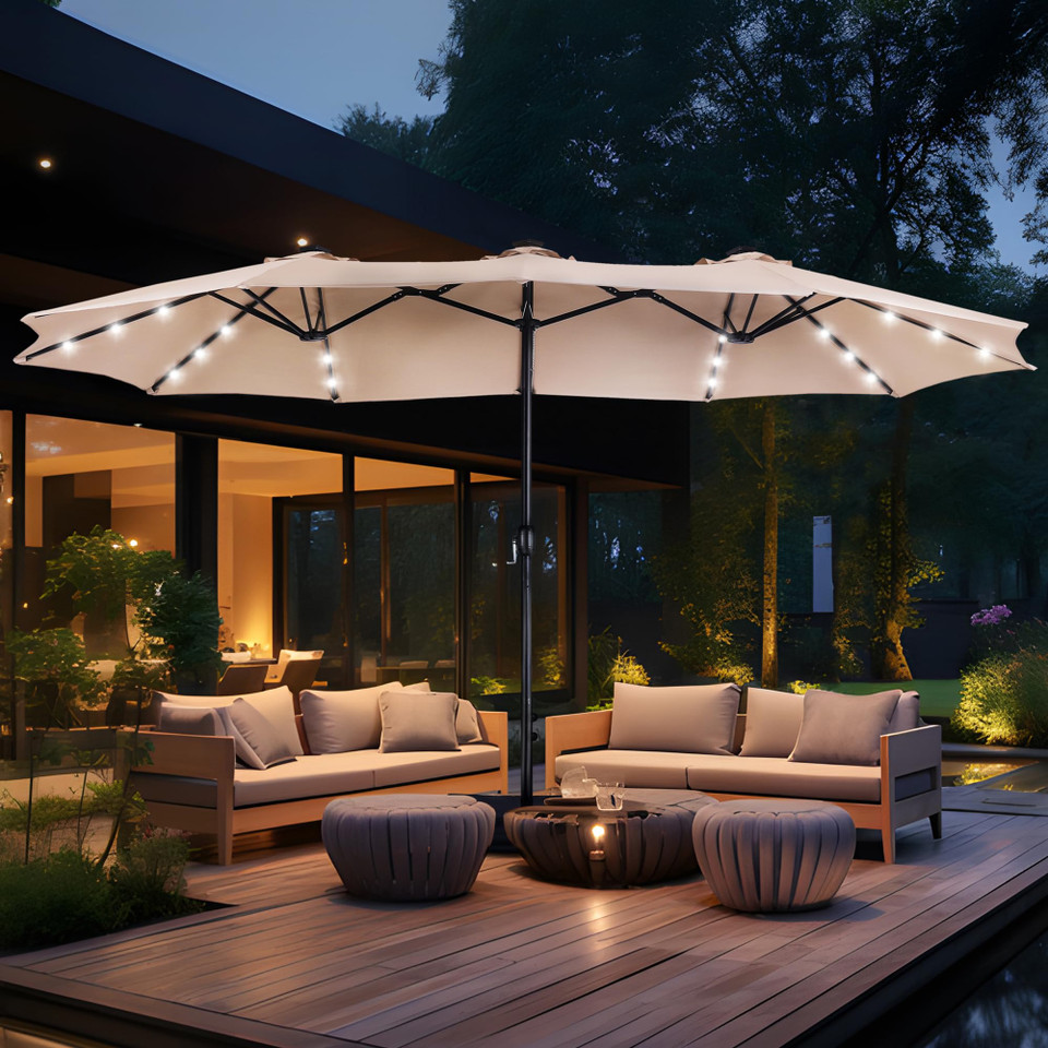 GlowCanopy – 15ft Double-Sided Patio Umbrella with Solar Lights