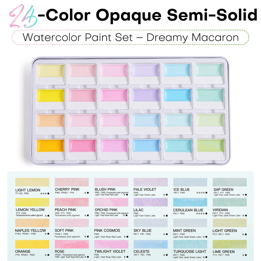 MacaronMuse – 24-Color Opaque Semi-Solid Watercolor Paint Set