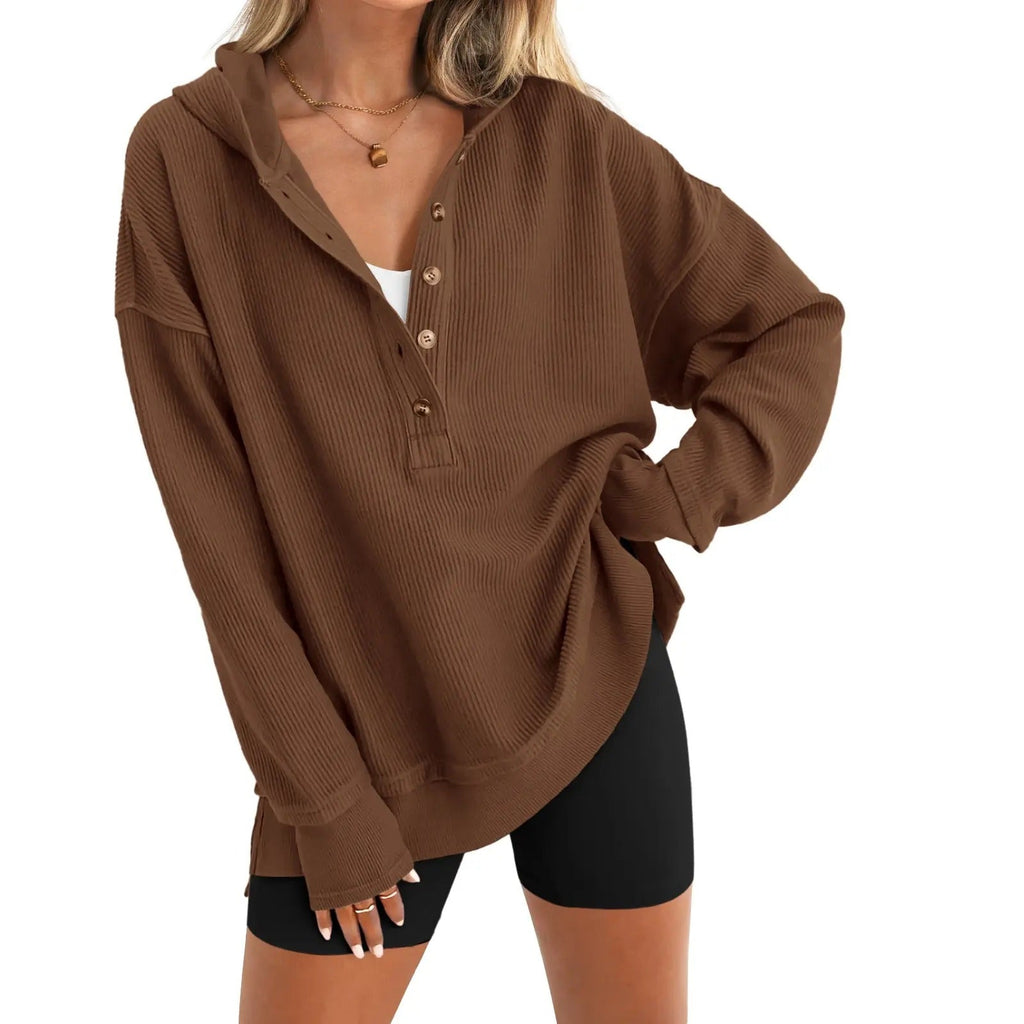 LayerEase – Women’s Oversized Button V-Neck Hoodie with Side Slits