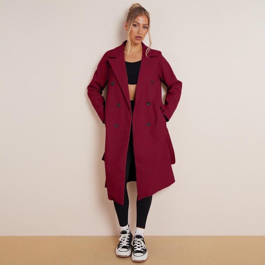 LapelLuxe – Women's Thermal Double-Breasted Notch Lapel Coat with Waist Tie & Pockets