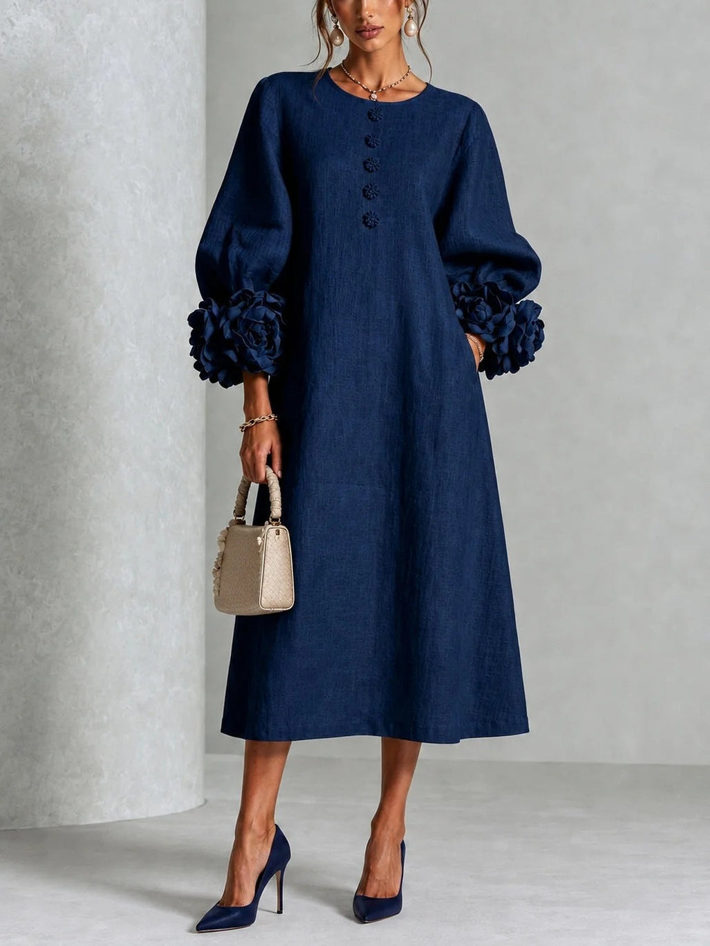 RosetteEase – 🤲 ⏰3D Floral Cuff A-Line Dress with Free Handbag