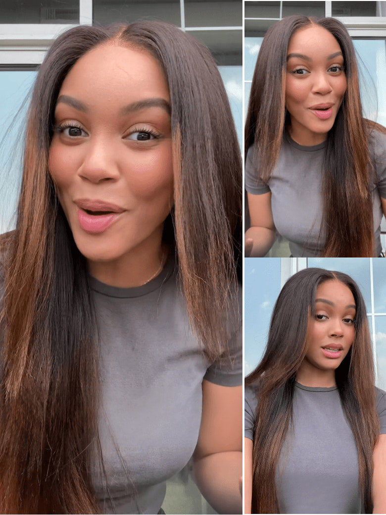 ChestnutGlide – Ombre Chestnut Brown Yaki Straight 7x5 Glueless Human Hair Wig with Drawstring