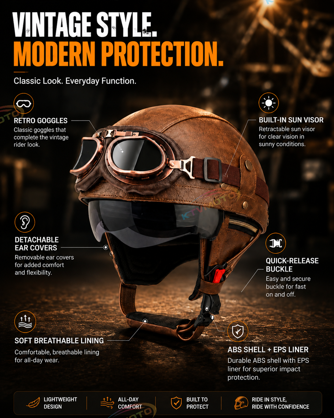 AviatorRide – Vintage PU Leather DOT Motorcycle Half Helmet with Goggles