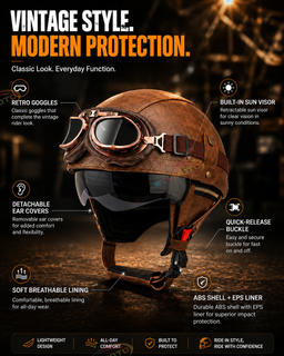 AviatorRide – Vintage PU Leather DOT Motorcycle Half Helmet with Goggles
