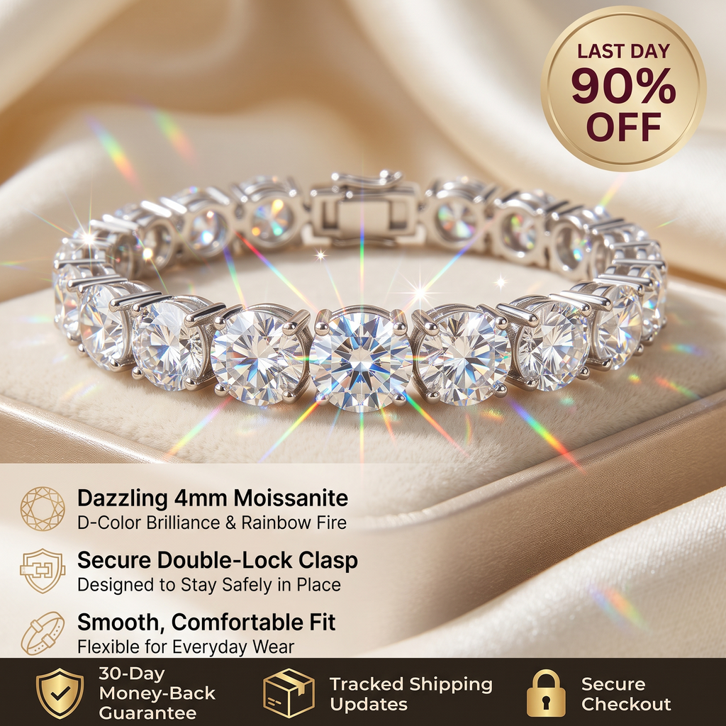 EverGlint – 🔥 Classic 4mm D-Color Moissanite Tennis Bracelet, 14K Gold Plated with Double Safety Clasp