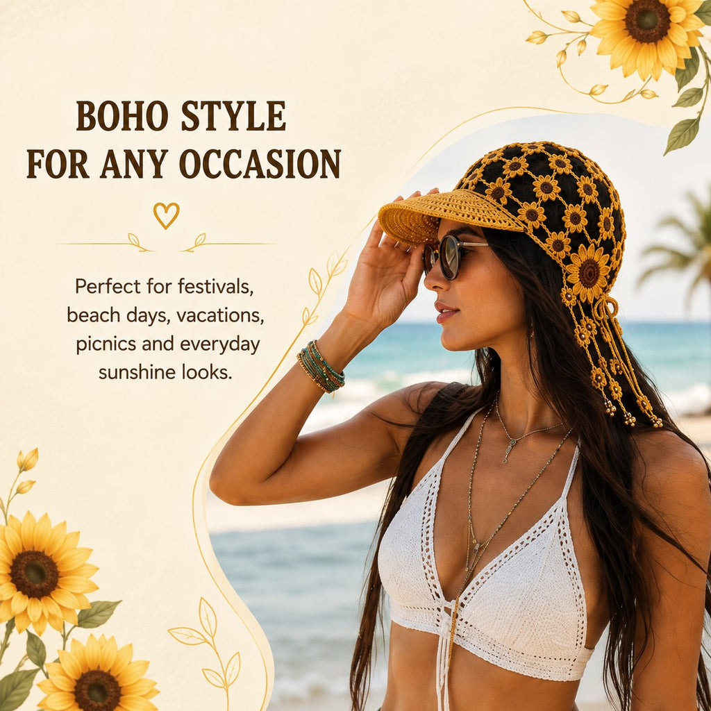 SunflowerChime – Handmade Crochet Tassel Bell Hat