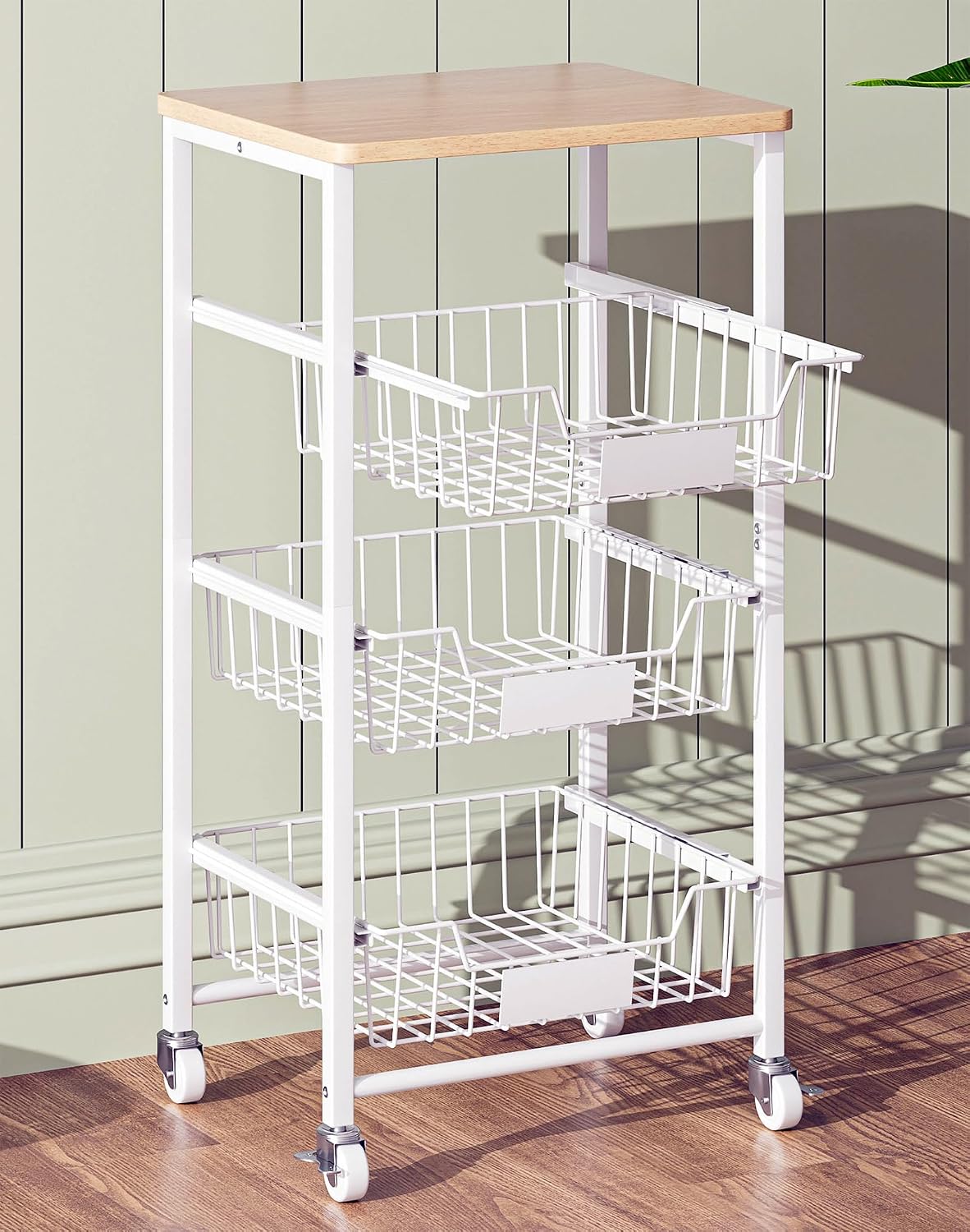 PantryRoll – Rolling Kitchen Storage Cart with Pull-Out Fruit Baskets and Wood Top