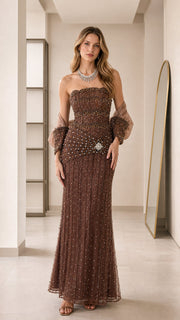 GlimmerGala – Embellished Strapless Evening Gown with Sheer Bolero