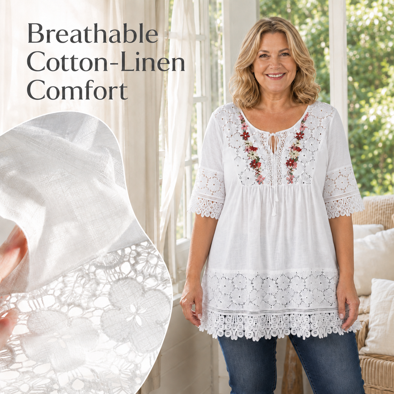 BohoBloom – Plus-Size Cotton-Linen Floral Embroidered Lace Tunic