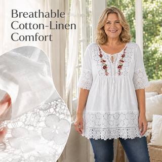 BohoBloom – Plus-Size Cotton-Linen Floral Embroidered Lace Tunic